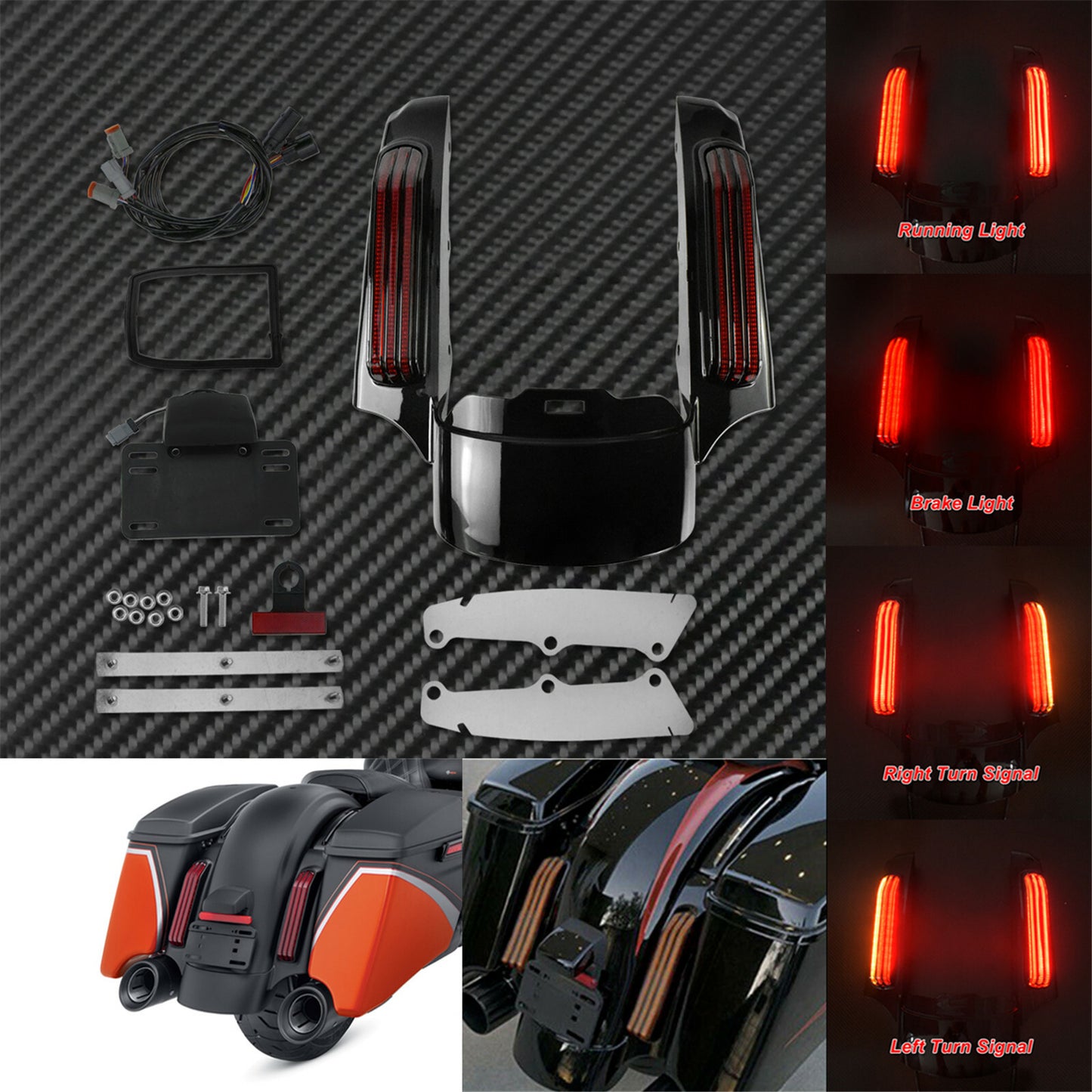 Rear Fender Extension LED Light+Saddlebag Tail Light Fit For Touring 2014-up