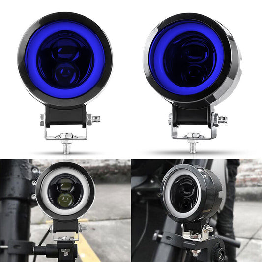 2X 10V-30V LED Motorcycle Spotlight White Hi/Lo Spot Light w/Blue Halo Universal