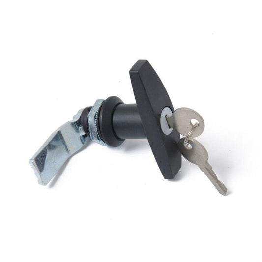 Black T-handle door cover latch with 2-key cover lock suitable for trucks, RVs, and campervans.