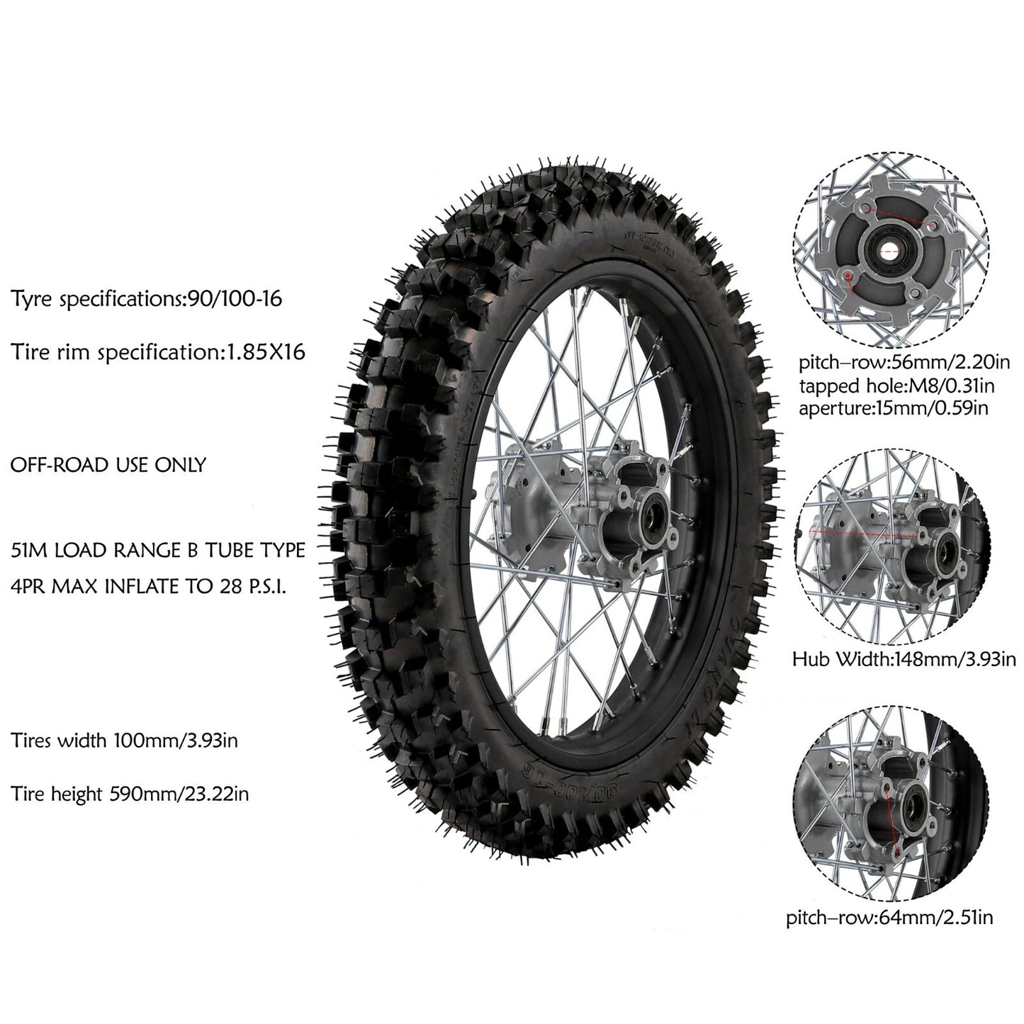 90/100-16 Rear Wheel Tire Rim Sprocket Rotor for Dirt Pit Bike CRF TTR KLX 150cc