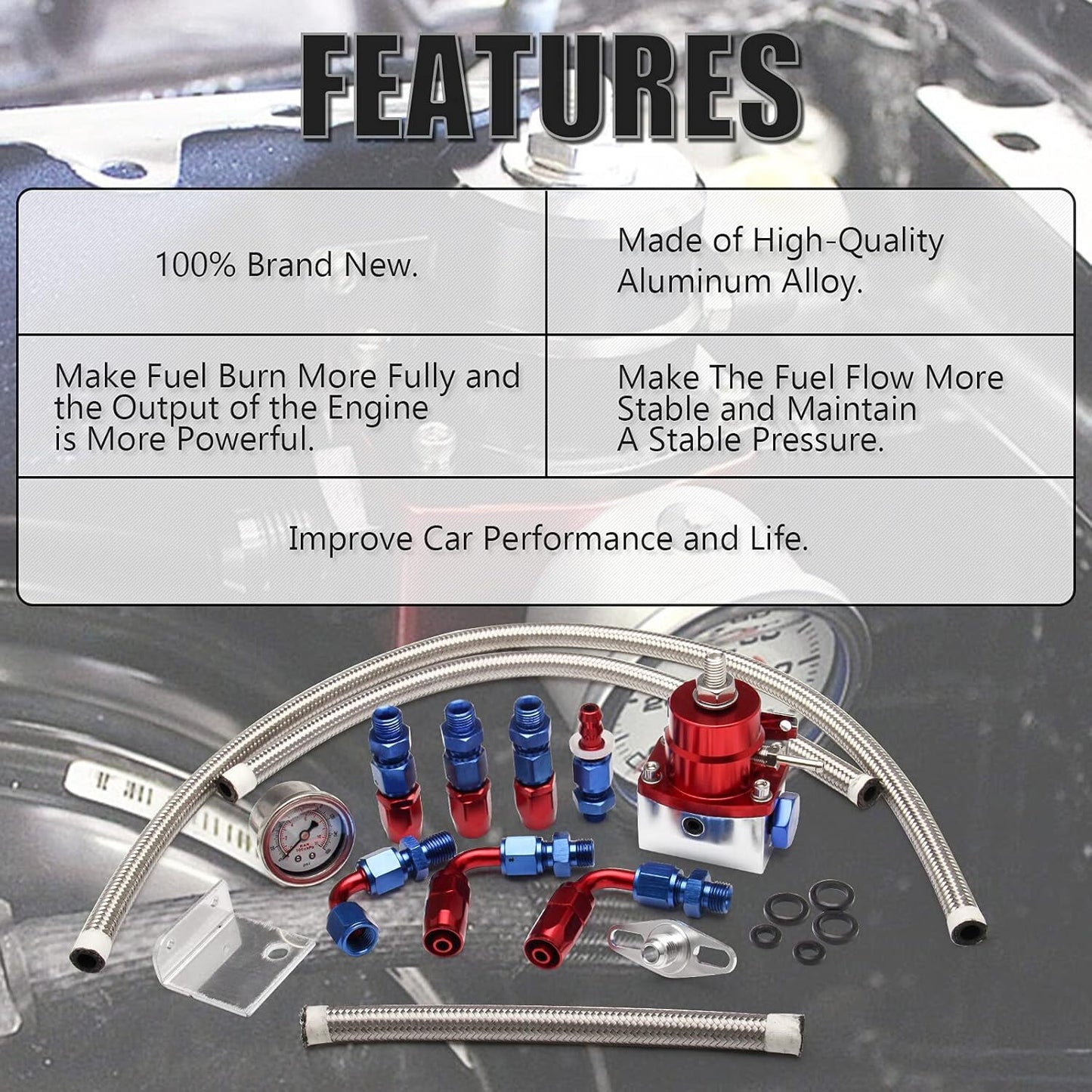 Adjustable EFI fuel pressure regulator kit 0-100psi, pressure gauge 6AN, fuel line
