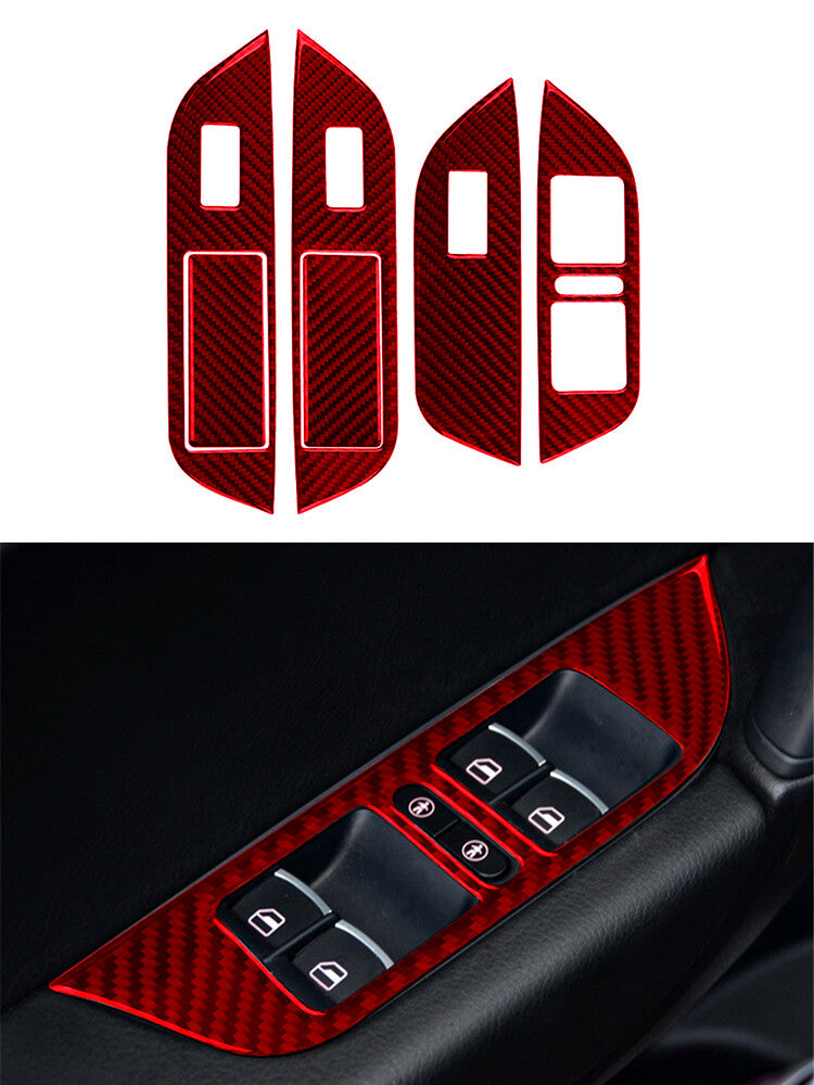 Red 6Pcs Window Switch Button Trim Cover Carbon Fiber for VW Touareg 2011-2018