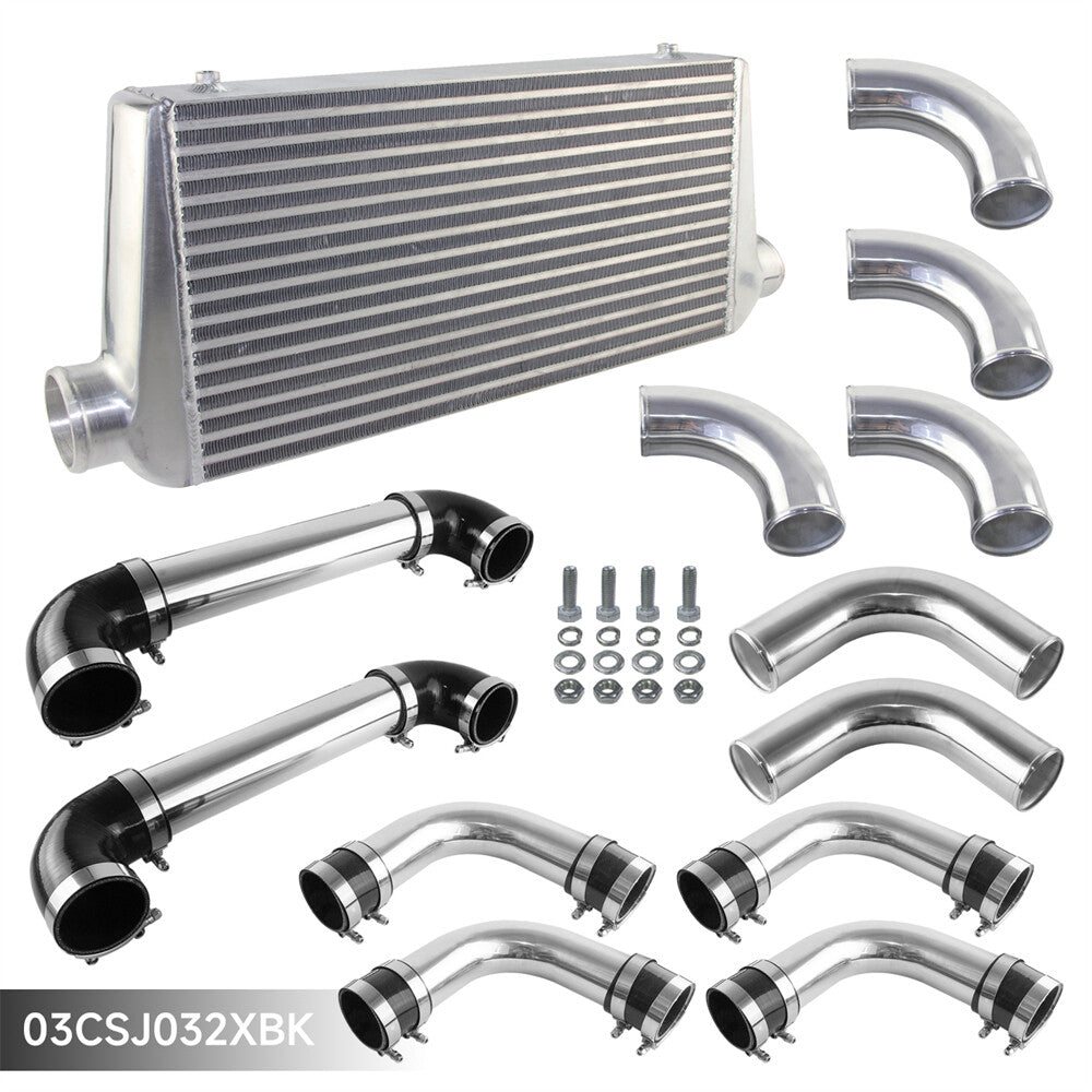 Universal Intercooler 600x300x76mm+12PCS 3 76mm Aluminum Piping Hose Clamps Kit