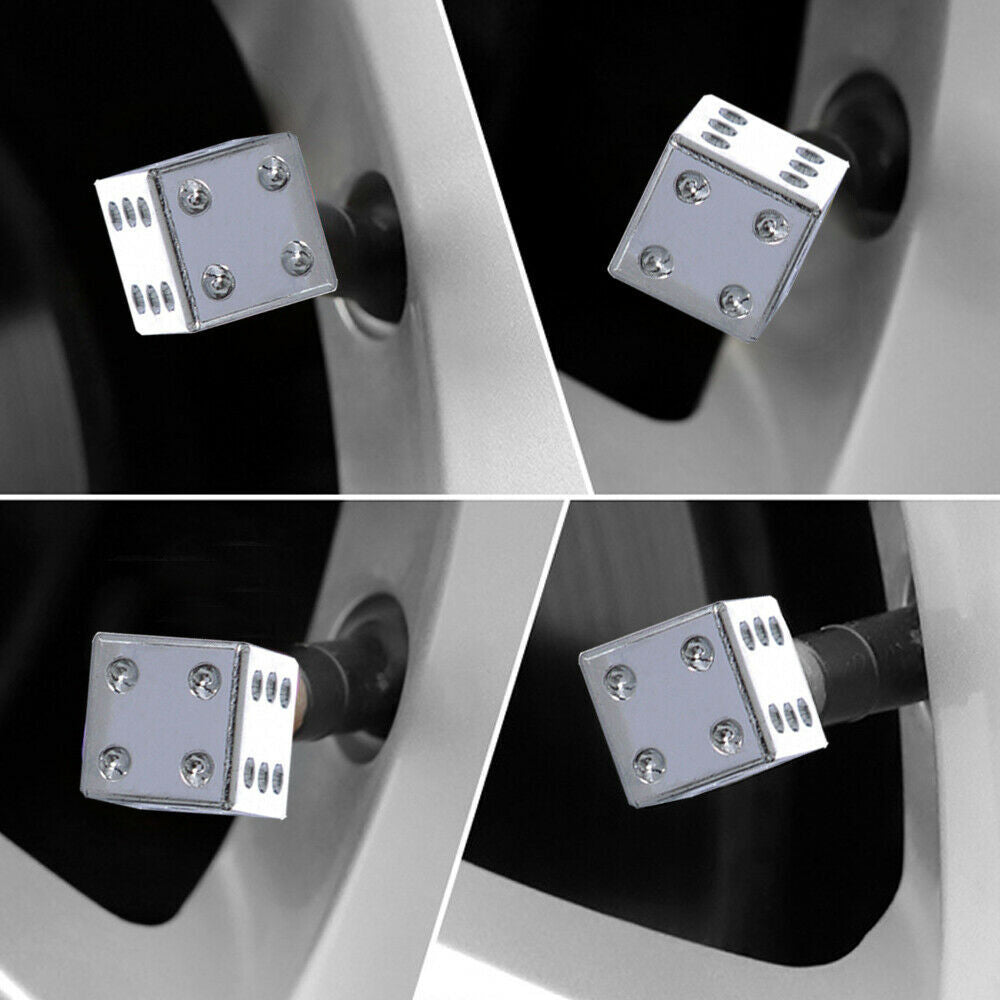 4x Silver Dice Valve Stem Caps Tire Air Covers Chrome Car/Truck/Trailer/ATV/Bike