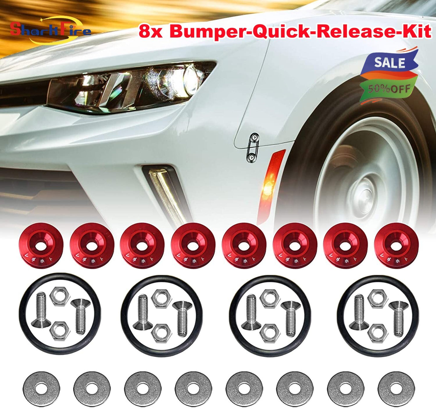 8-Piece Red JDM Quick-Release Fastener Bumper Car Trunk Fender Cover Kit