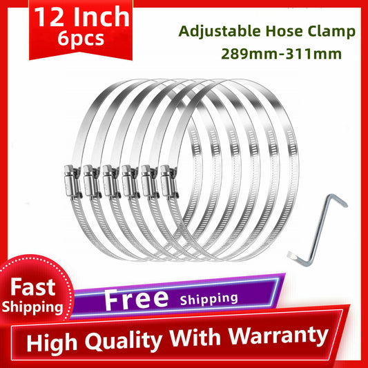 12-inch hose clamp, 304 stainless steel, worm gear adjustable, 289mm-311mm.