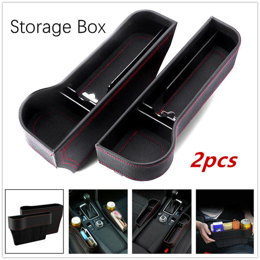 2-Piece Car for Seat Gap Storage Box, Cup Holder Organizer, PU L+R, Black Leather with Red Stitching