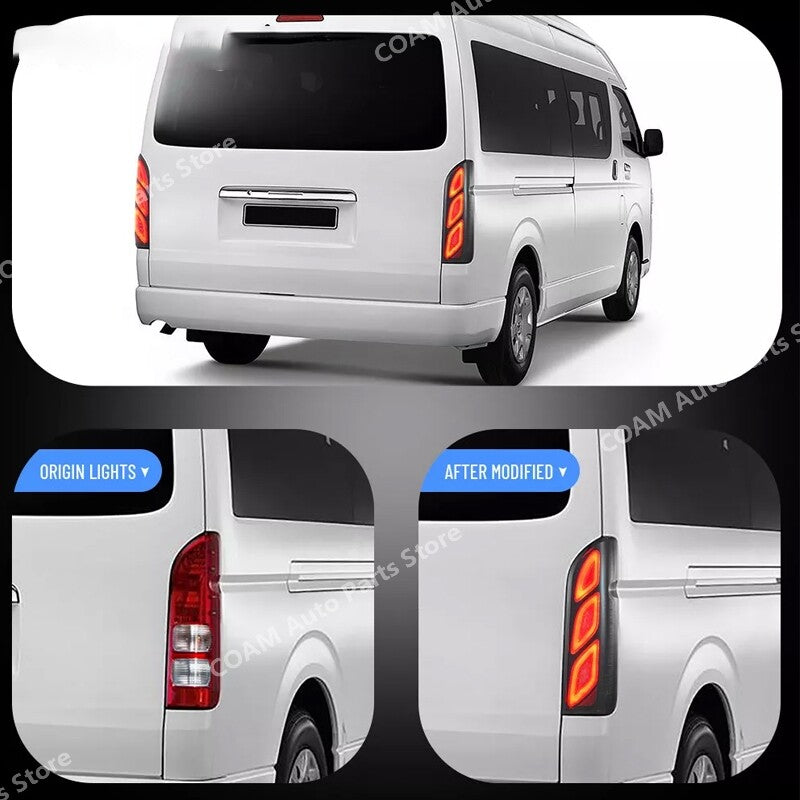 A pair of transparent LED taillights for 2005-2018 for Toyota Hiace with animation.