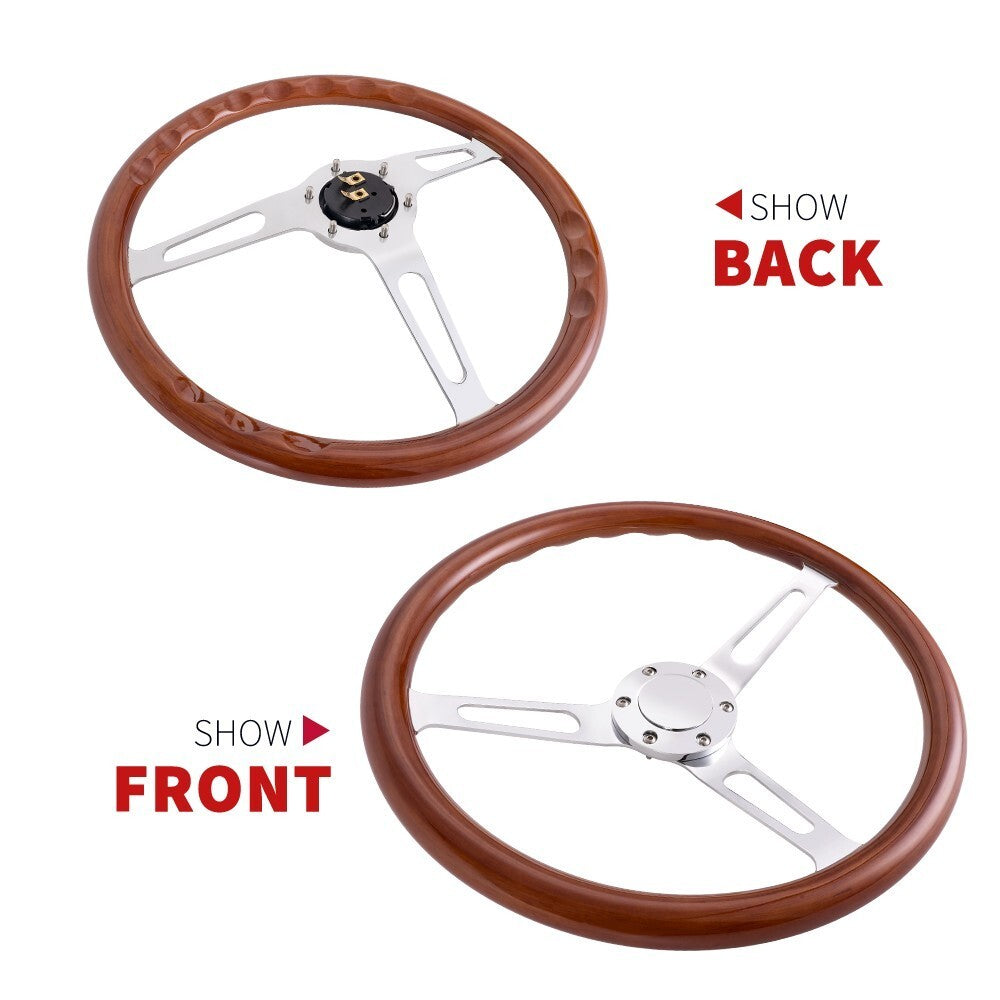15/380mm Chrome Steering Wheel Stainless Steel Dark Wood Grip w/Horn Button