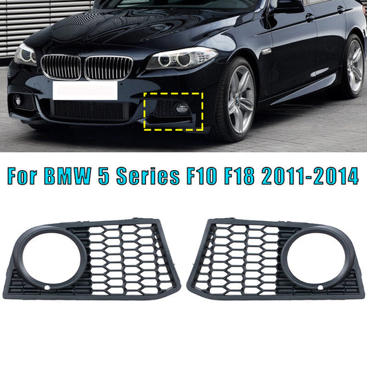 A pair of front fog light grilles suitable for BMW 5 Series F10 F18 520 523 525 2011-2014.