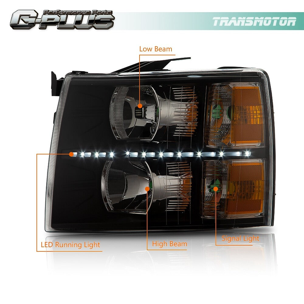 Suitable for 2007-2014 for Chevrolet Silverado LED DRL, black housing headlights, amber corner lights.