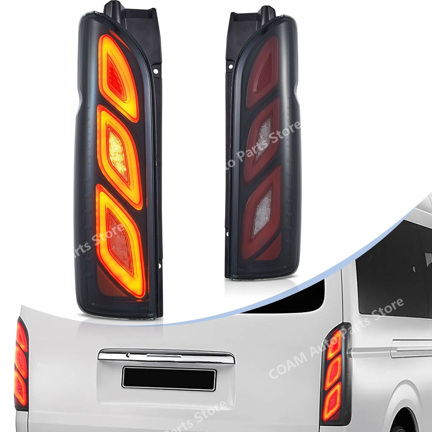 A pair of LED taillights with animation for 2005-2018 for Toyota Hiace smoked taillights.