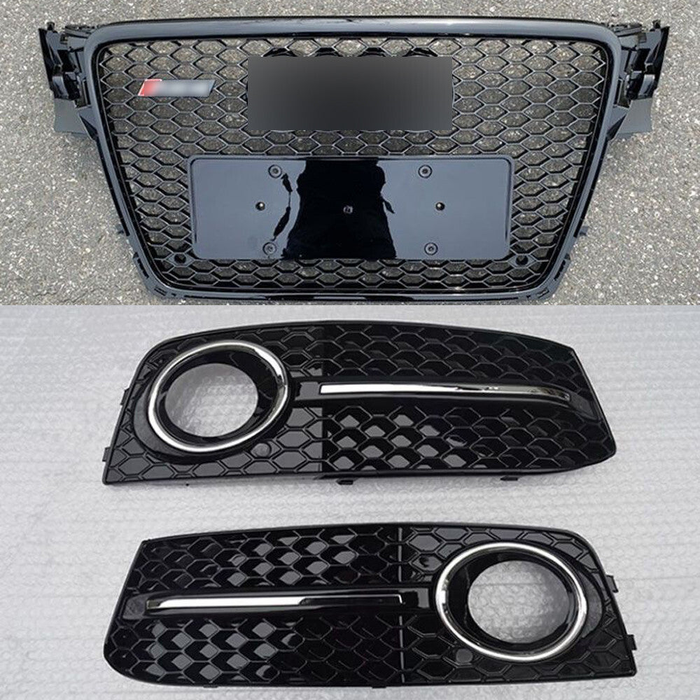 Front Bumper Honeycomb Grille+ Fog Light Frame Lamp Fit for Audi A4 S4 2009-2012