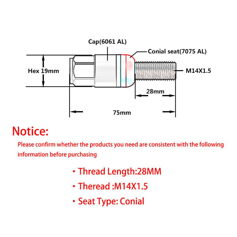 20-piece set of M14x1.5 wheel lug bolts, tapered for seat studs, 28mm shank, suitable for most aftermarket applications.
