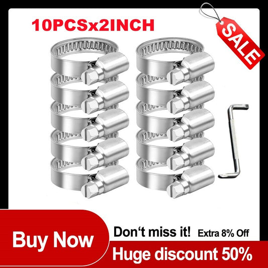 10-piece set of 2-inch adjustable hose clamp worm gear stainless steel clamps