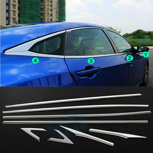 Silver Lower Window Frame Strips Steel for Honda for Civic 10th 4dr Sedan 2016-2021