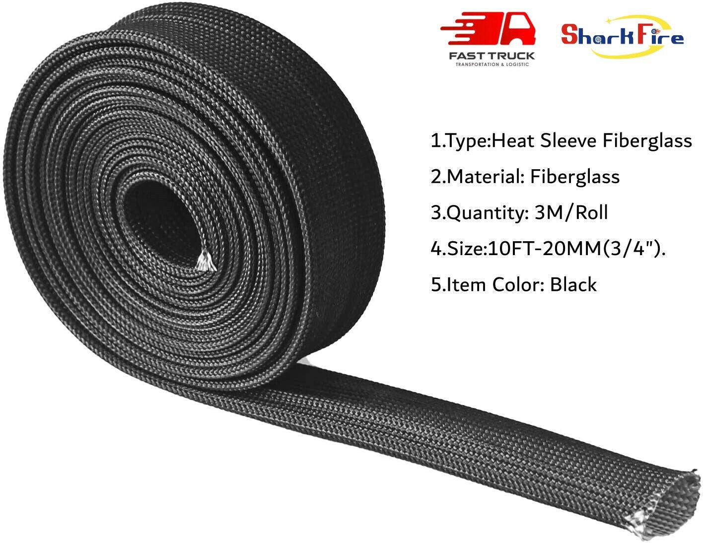 10-foot-3/4-inch fiberglass-wrapped heat hose cover for automotive wiring harness protection.