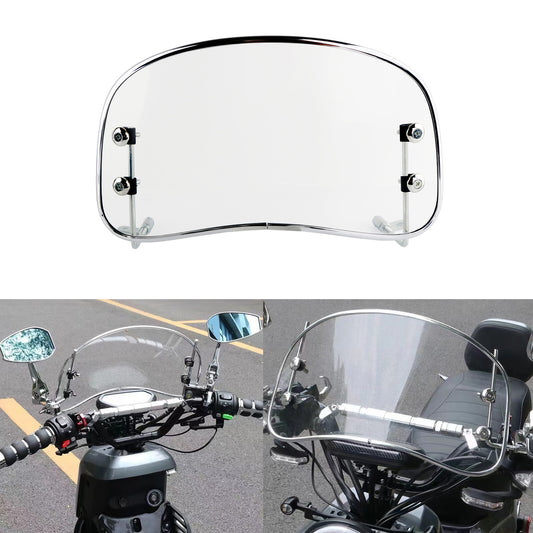 Transparent motorcycle windshield, detachable windshield, universal for scooters and electric bicycles.
