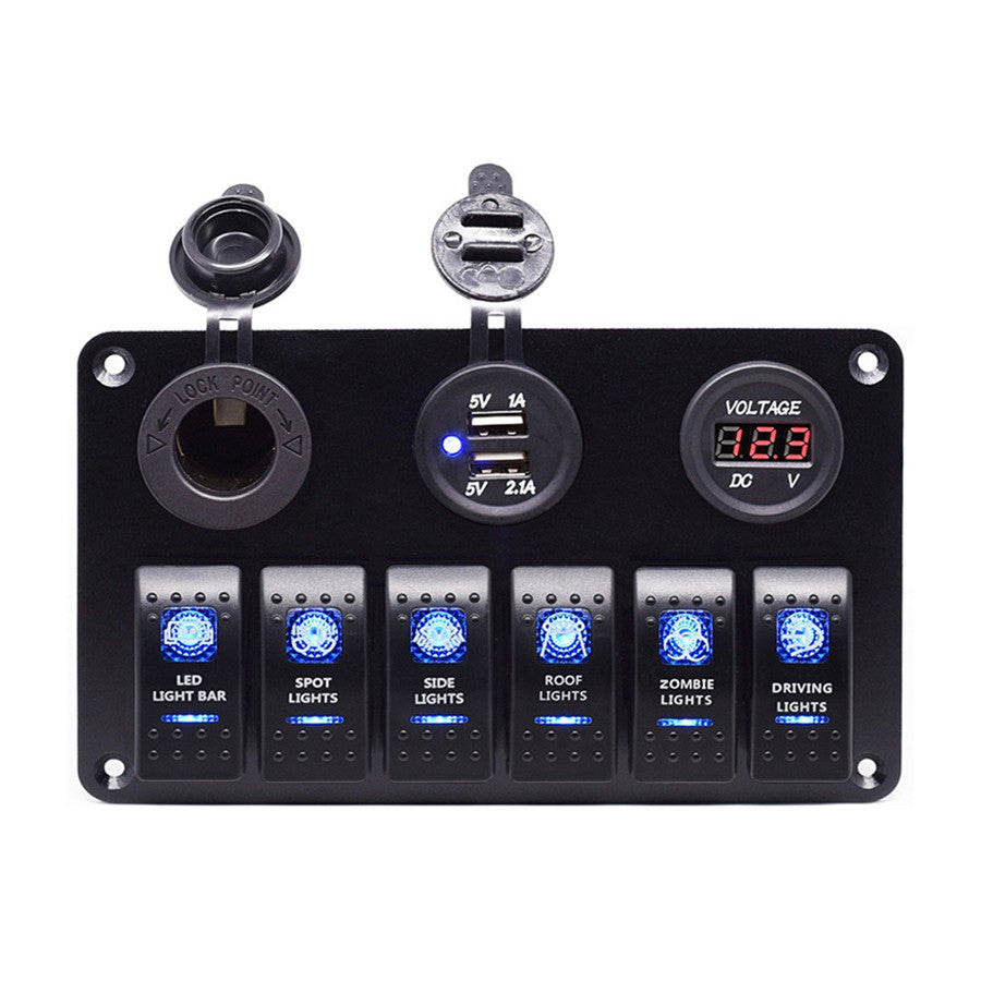 Auto Waterproof 6 Button Panel Cigarette Lighter Adapter Dual USB Red Voltmeter