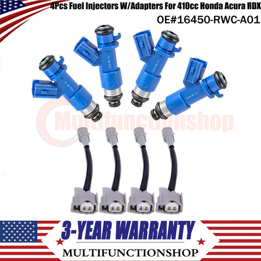 4Pcs 410cc Fuel Injectors W/Adapters for Honda for Civic for Acura for RDX 16450-RWC-A01