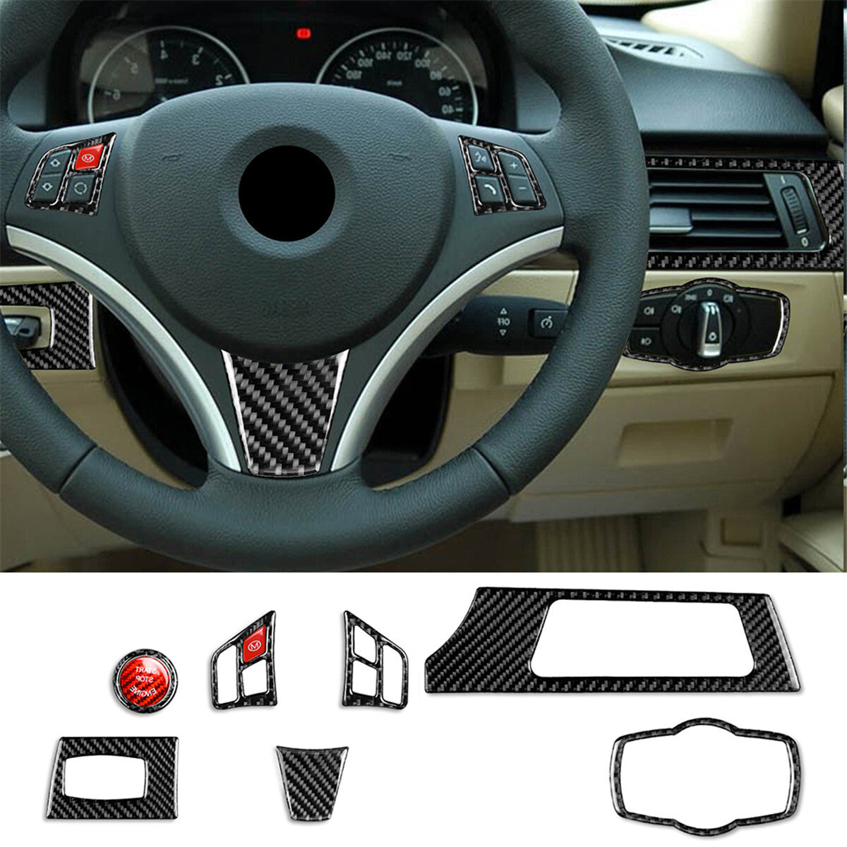 for BMW 3 Series E90 05-12 Carbon Fiber Steering Wheel Headlight Switch Trim RHD