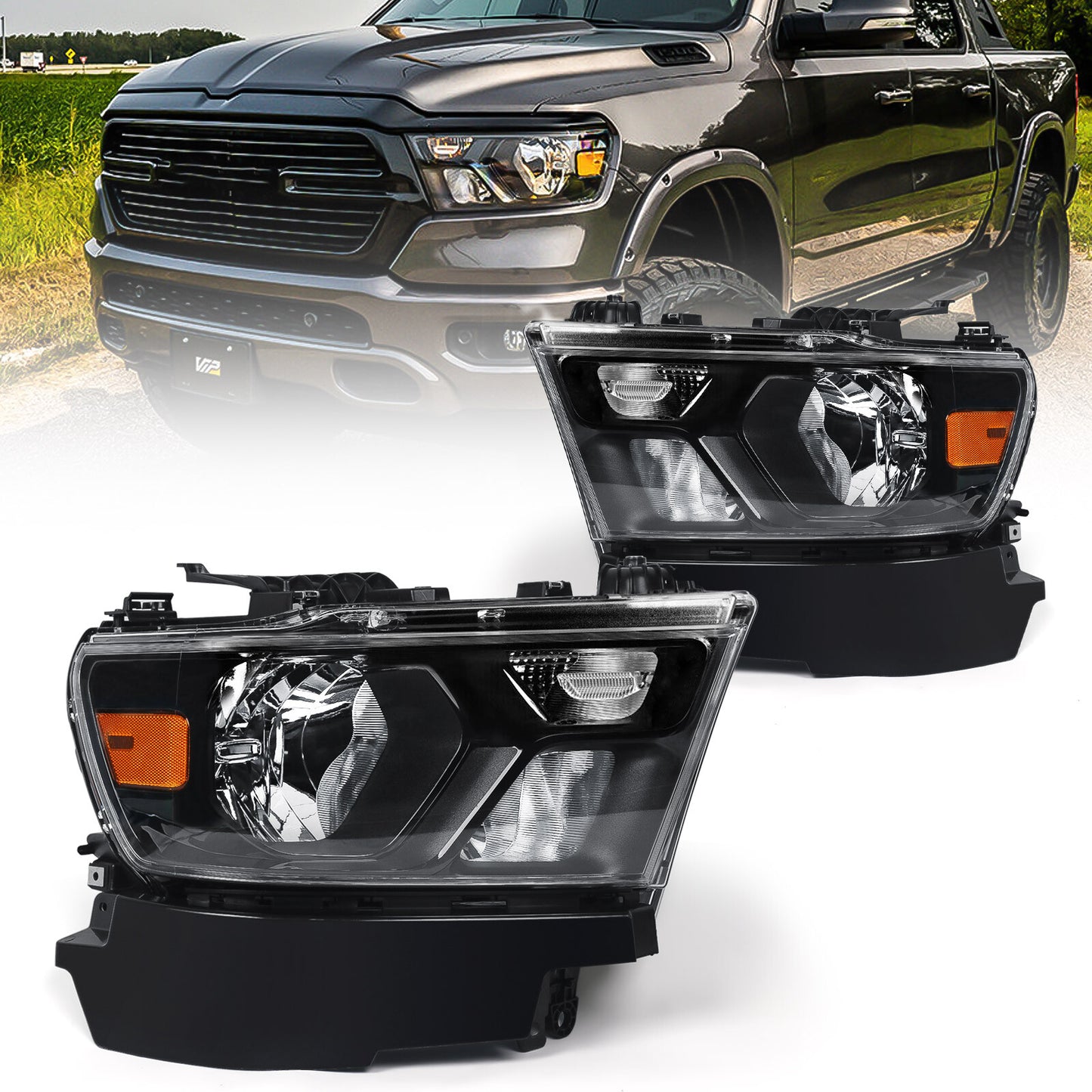 2P Halogen Headlights with Black Bezels for 2019-2023 for Dodge for Ram 1500 (Left and Right Lights)