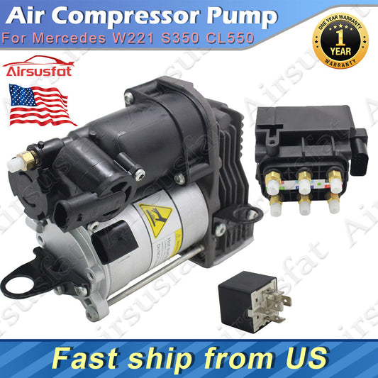 3Pcs Air Suspension Compressor w/Valve Block+Relay for Mercedes W221 GL350 CL550