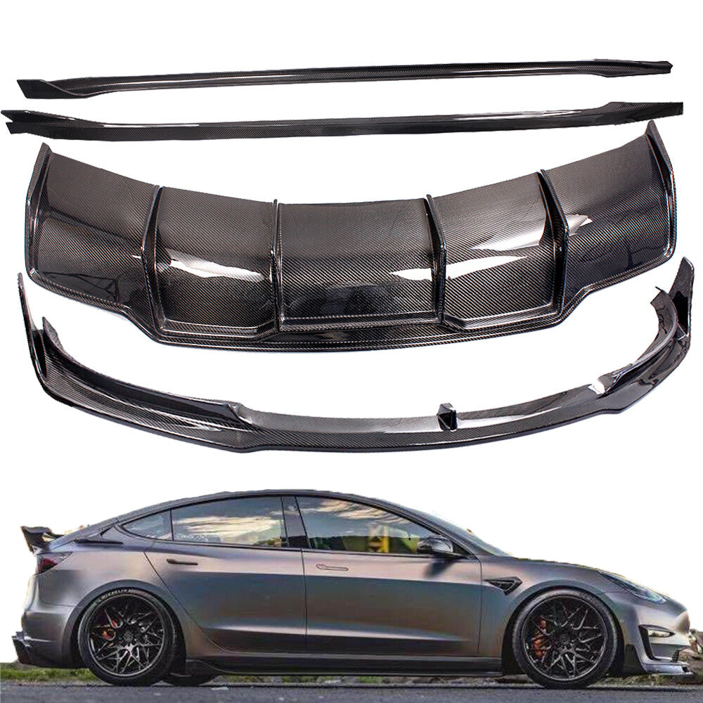 For 18-21 for Tesla Model 3 Carbon Fiber Front Rear Bumper Lip+Side Skirt Body Kit