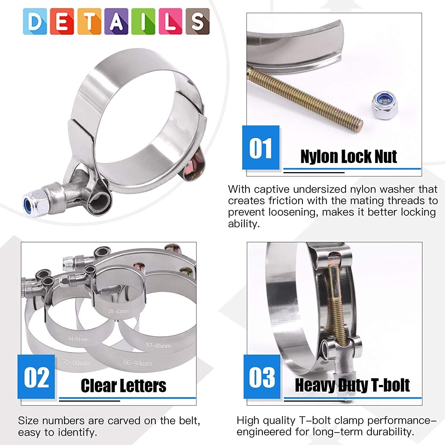 2-Pack 3-inch Stainless Steel T-bolt Hose Clamps Series 77-87mm 3-inch Hose Clamps