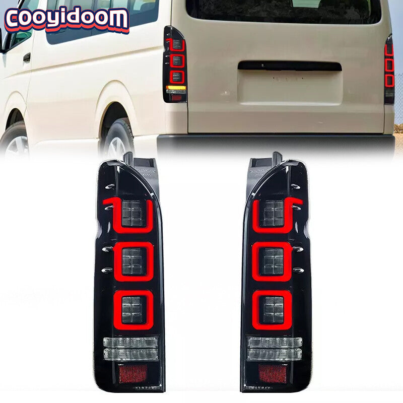 A pair of smoky red V3 3D full LED taillights suitable for 04-20 for Toyota Hiace Van taillights.