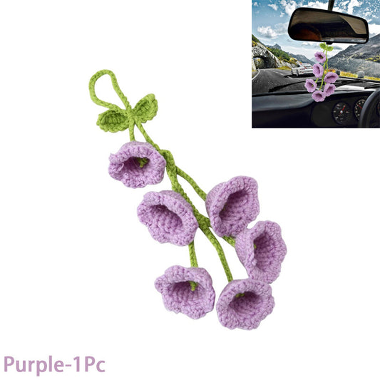 Bell Flower Hand Knitted Cute Car Accessory for Rear View Mirror Hanging Purple