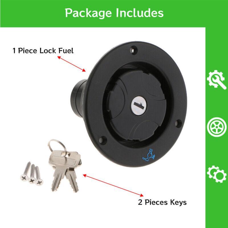 Black universal water and fuel tank cap with neck strap lock and key suitable for RVs and motorhomes