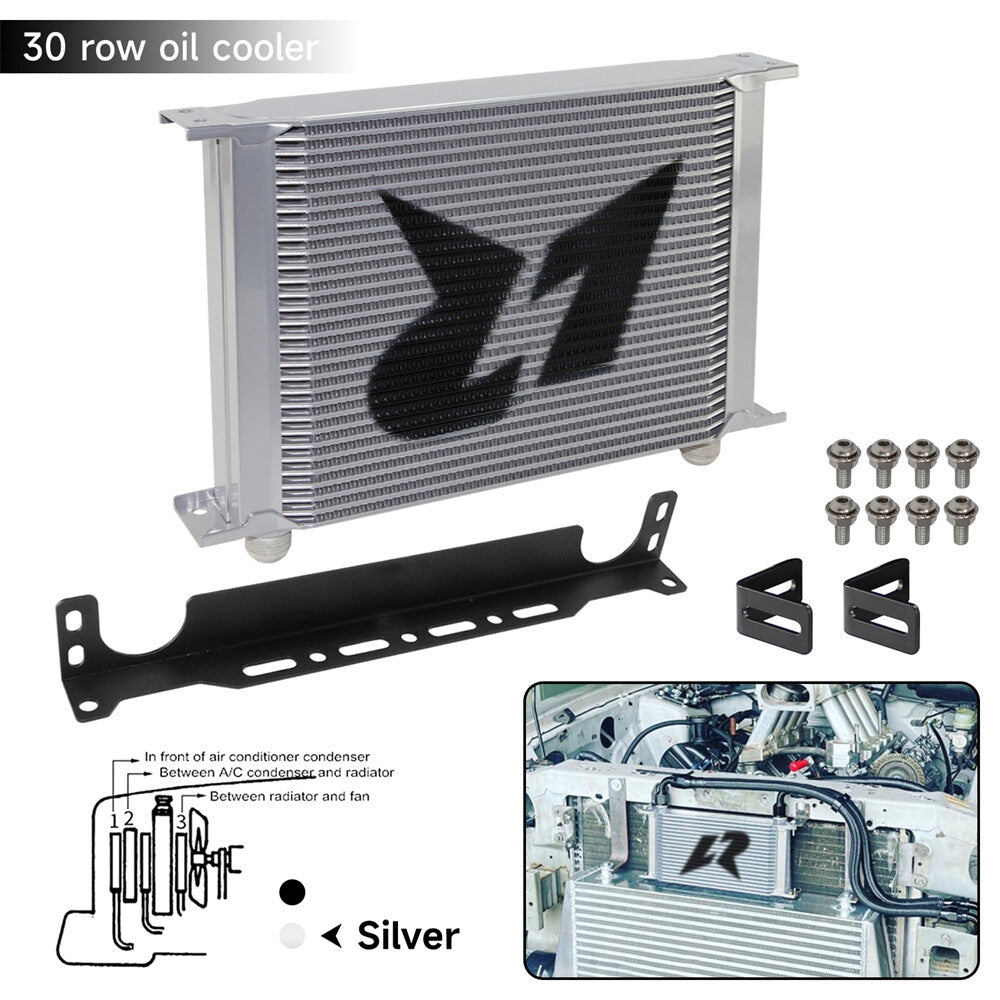 Universal 30 Row Stacked Plate Oil Cooler AN10 Aluminium+Mounting Bracket Silver