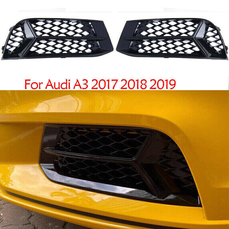 for Audi A3 2017-2019 Glossy Black ABS Front Bumper Fog Light Grille Cover Trim