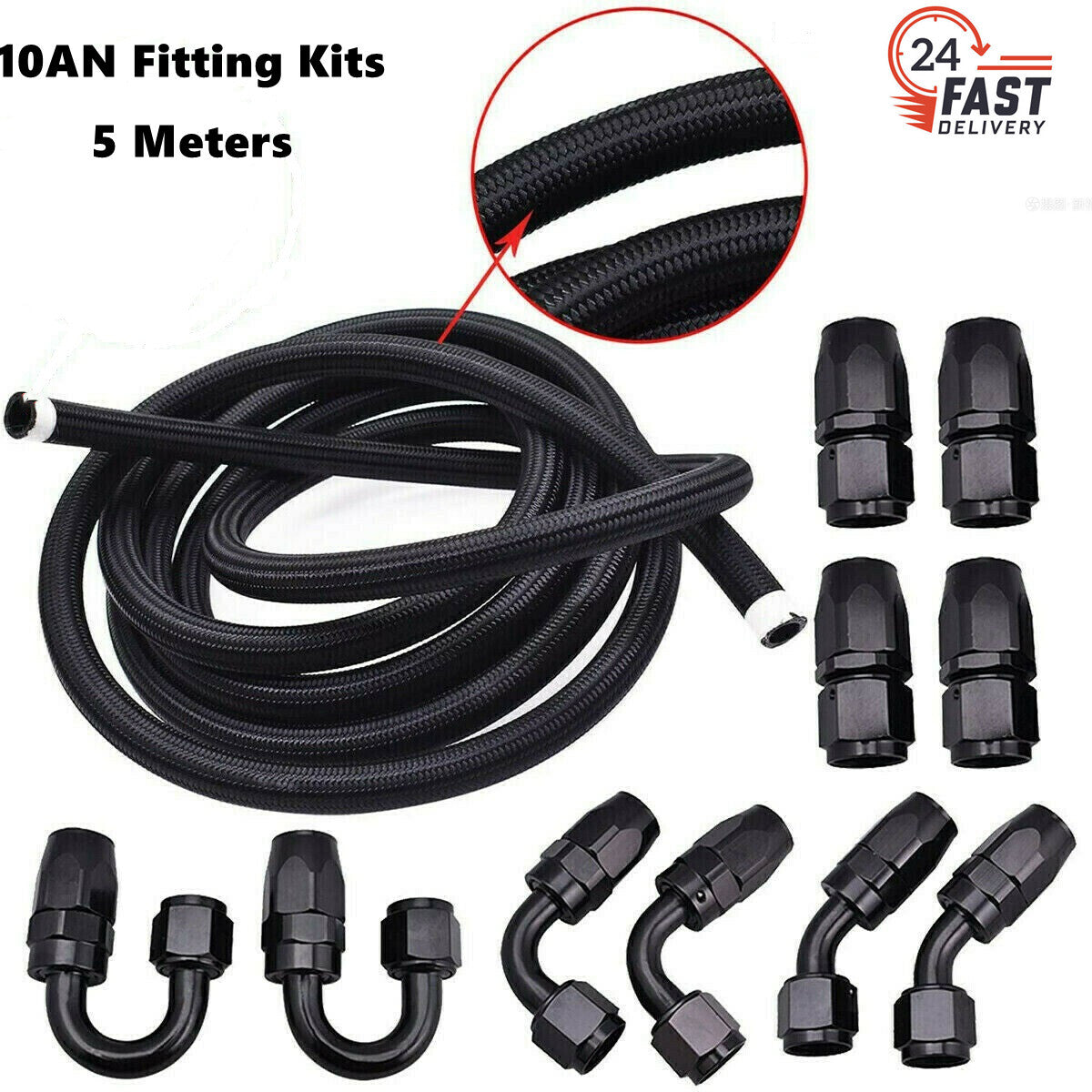 AN10-10AN Accessories Stainless Steel Nylon Braided Oil Fuel Hose Line 16 ft Black