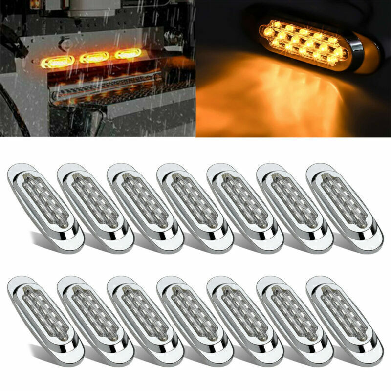 14x 6.5 Clear/Amber 16-LED Trailer RV Side Marker Turn Signal Lights Chrome 12V