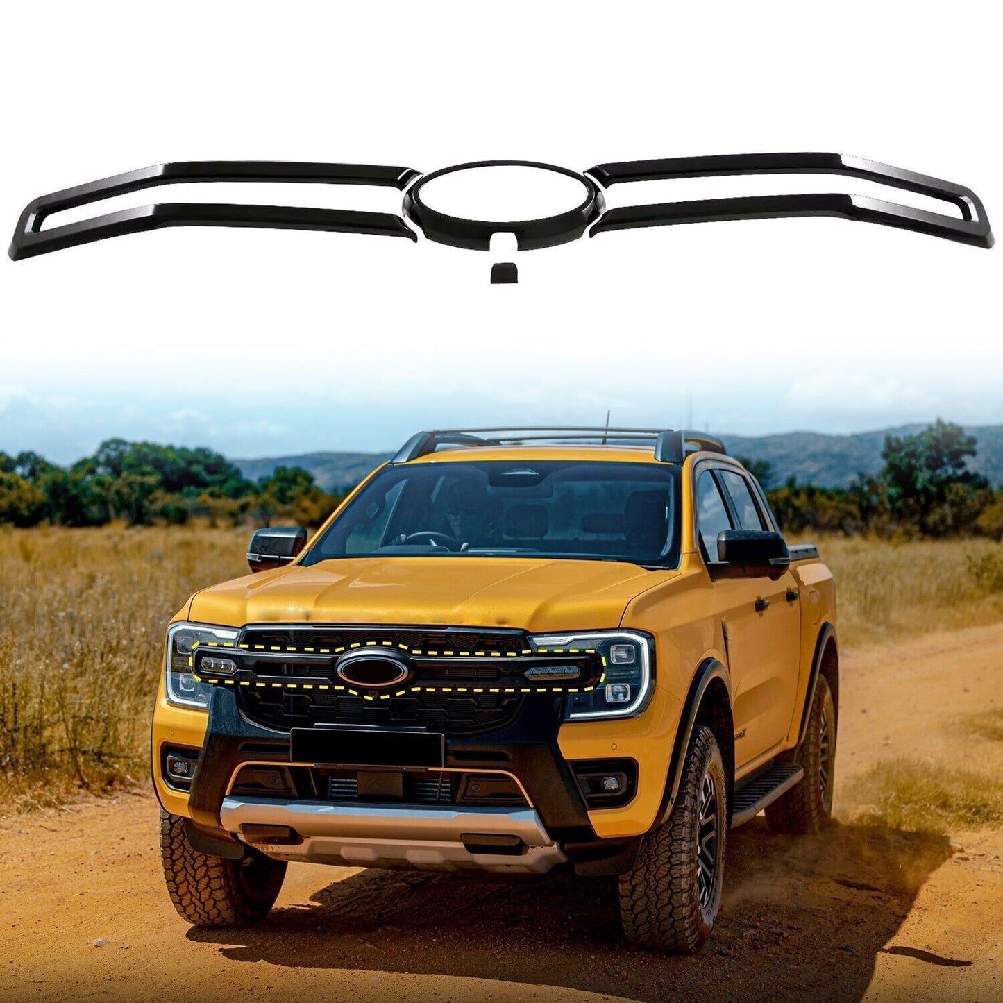 for Ford Ranger 24-2025 Front Center Radiator Grill Cover Trim Glossy Black 4P