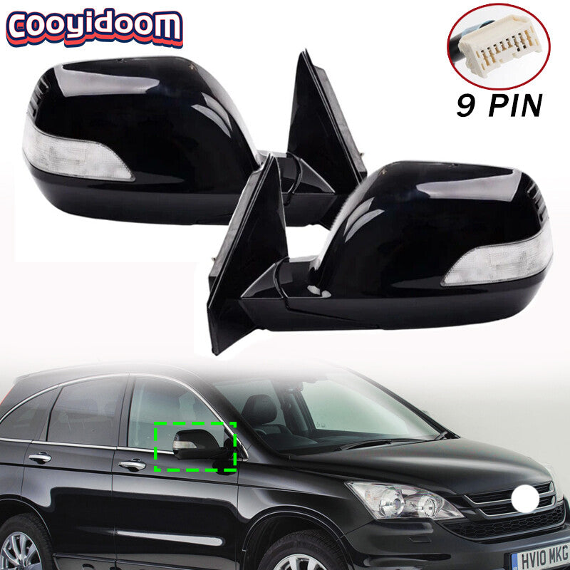 A pair of black door side mirrors with turn signals and heating, 9-pin fittings for Honda CRV 2007 - 2011