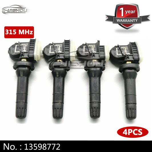 4-pack of new 13598772 Tire Pressure Monitoring System (TPMS) sensors suitable for Chevrolet , for GMC , and for Buick .