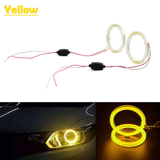 2x 12V 70MM DRL Car Fog Headlight COB Angel Eyes Halo Ring LED Lamp Light Yellow