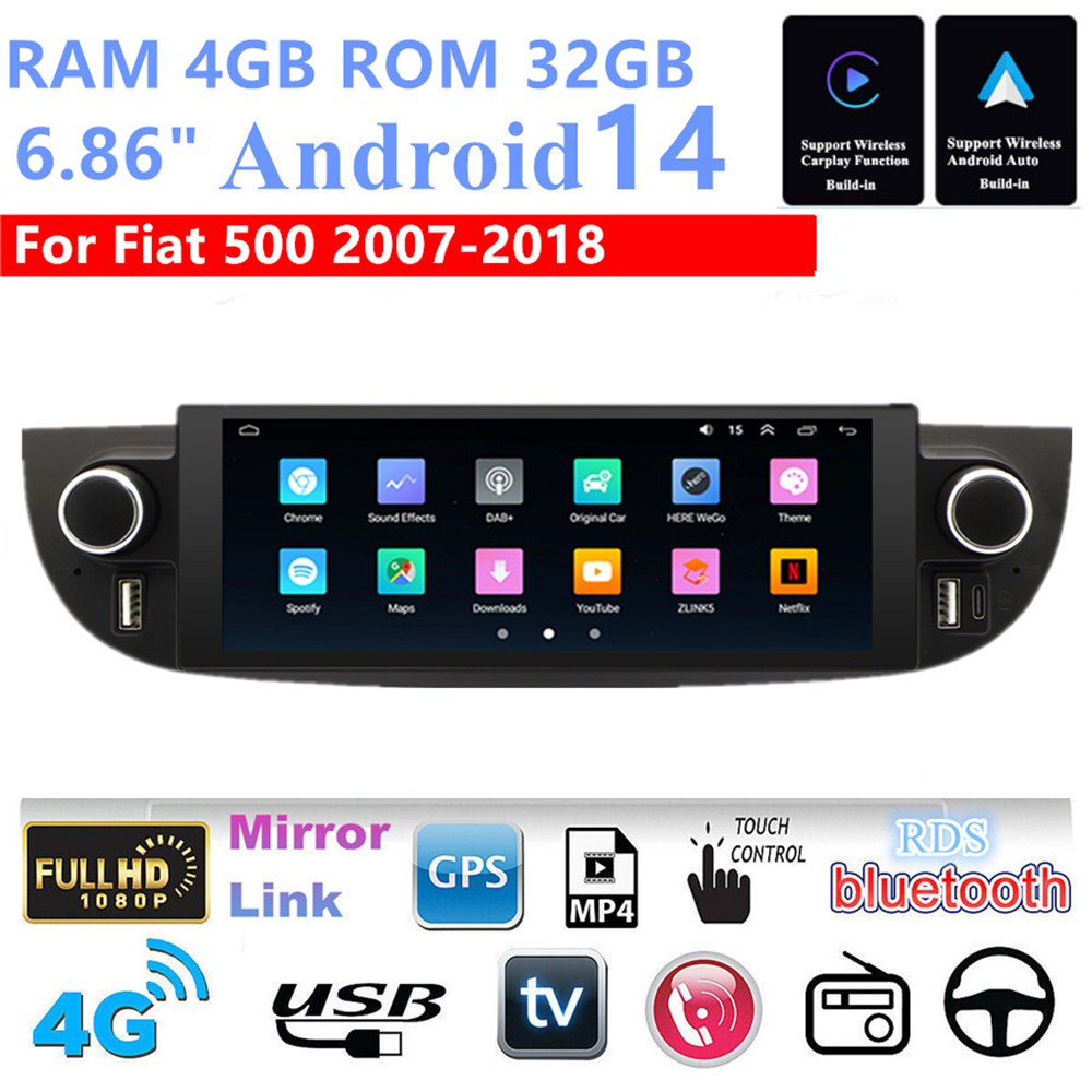 6.86for Fiat 500 2007-2018 Android 14 4+32GB Car Stereo Radio GPS Navi Black
