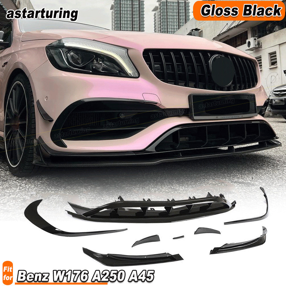 for Benz W176 A250 A45AMG Gloss Black Front Bumper Splitter Spoiler Fins 2016-18
