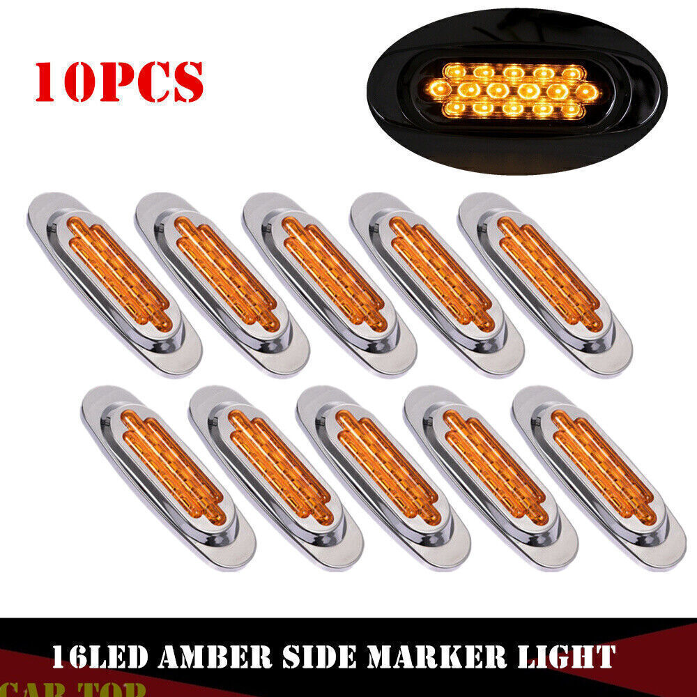 10-50pcs Oval Side Marker Light 16-LED Amber Chrome Bezel for Freightliner Truck
