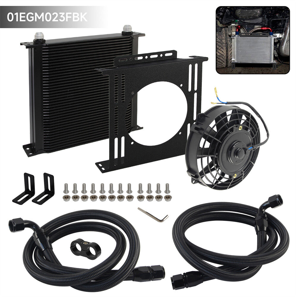 AN10 40 Row Universal Oil Cooler w/Nylon Braided Oil Line +7 Electric Fan Black