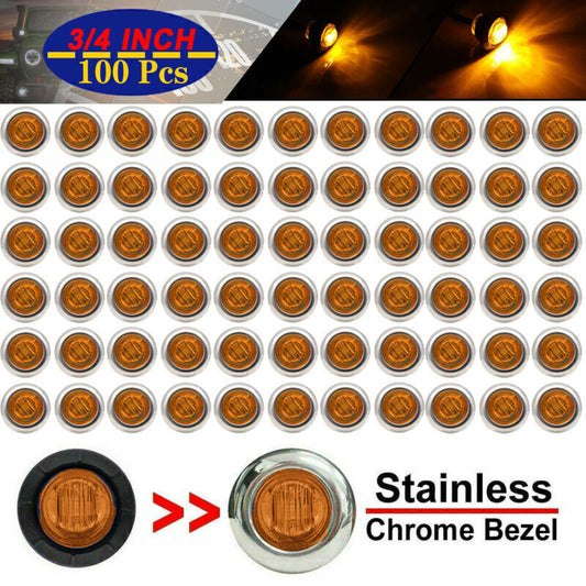 100X Amber 3/4 Round Side 3 LED Marker Trailer Bullet Chrome Stainless Lamps