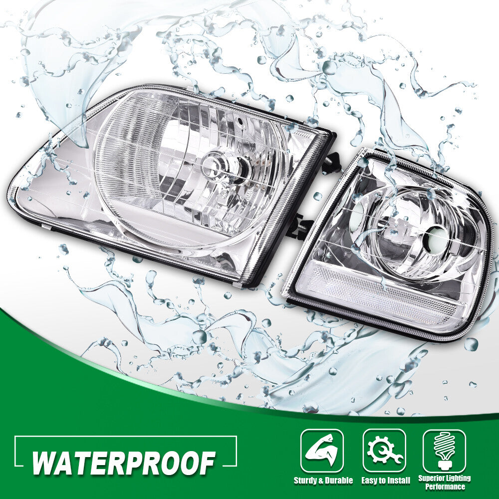 Chrome-encased headlights with transparent cornering mechanism, suitable for Ford 97-03 F150 and 97-02 Expedition.