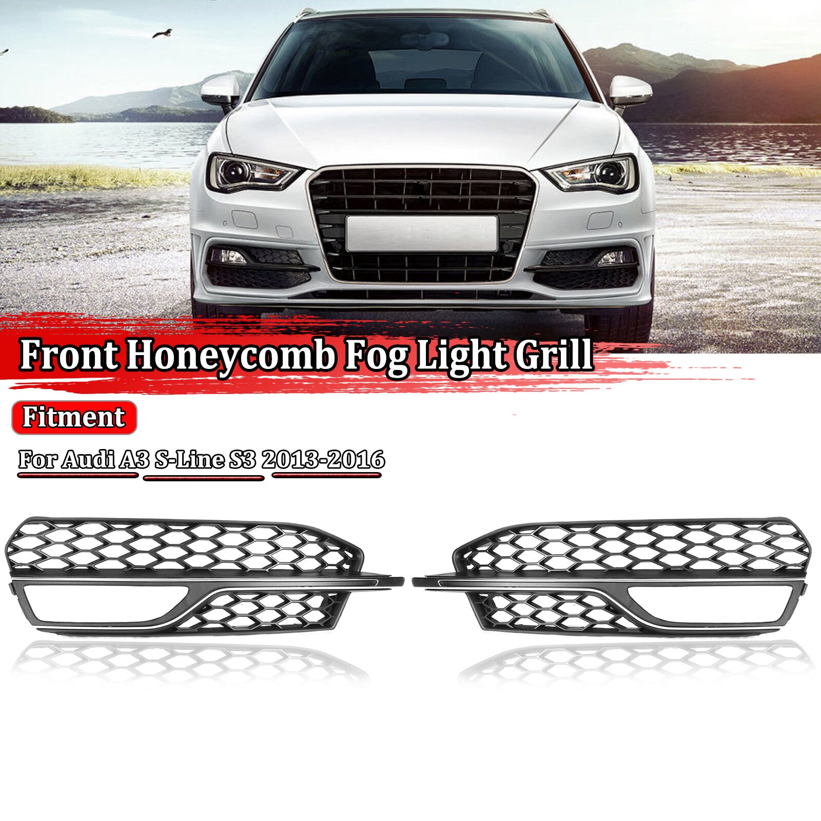 2x Front Fog Light Grill Cover Cap for Audi A3 S-Line S3 2013-2016 Honeycomb UK