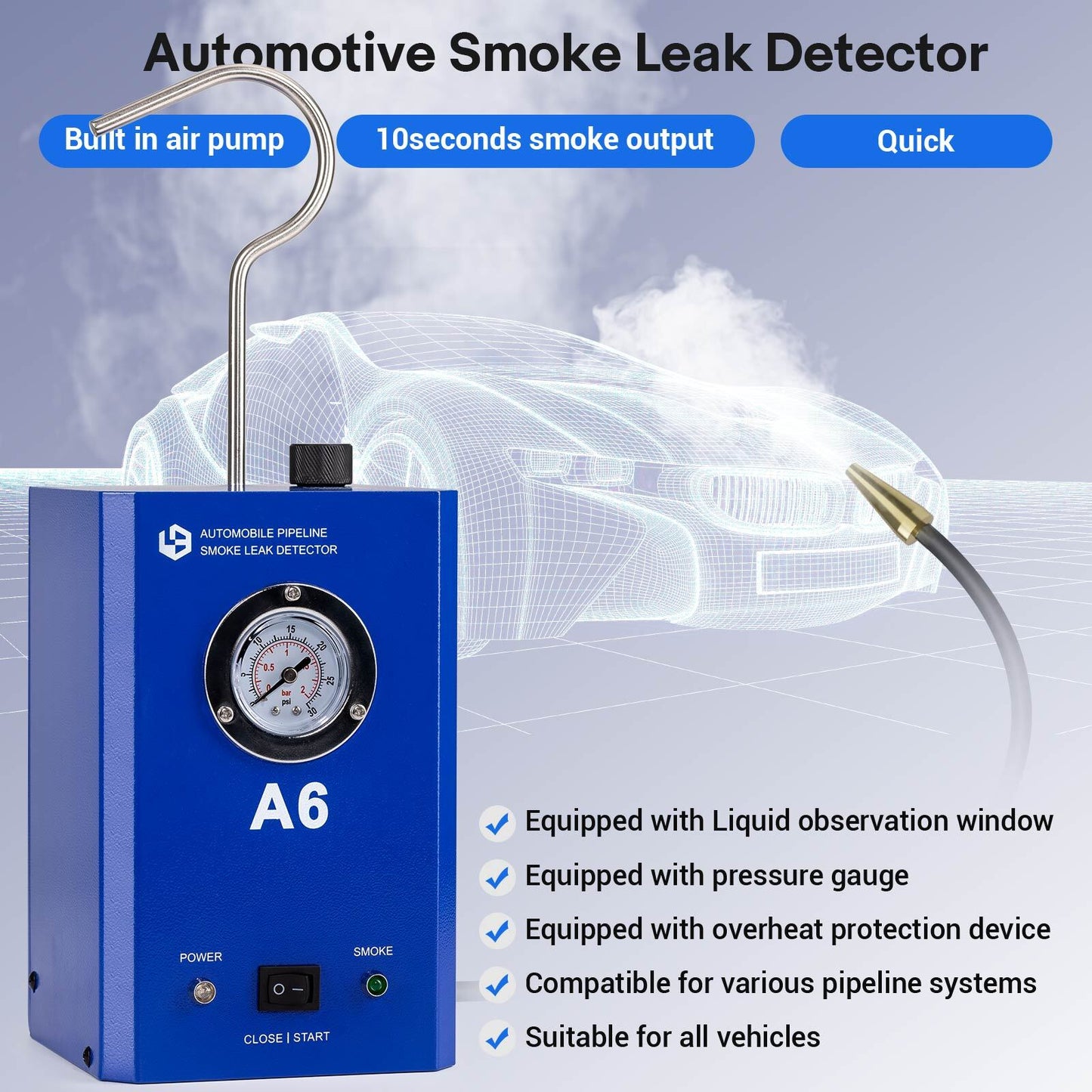 A6 Automobile Pipeline Smoke Leak Detector with Pressure Gauge Test for Car,ATV