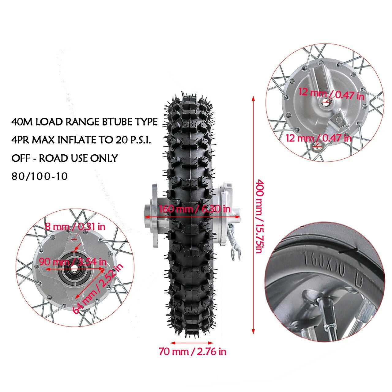 10-inch rear wheel, 80/100-10 tire, rim + swingarm for Dirt Pit bikes 50cc, 70cc, 110cc