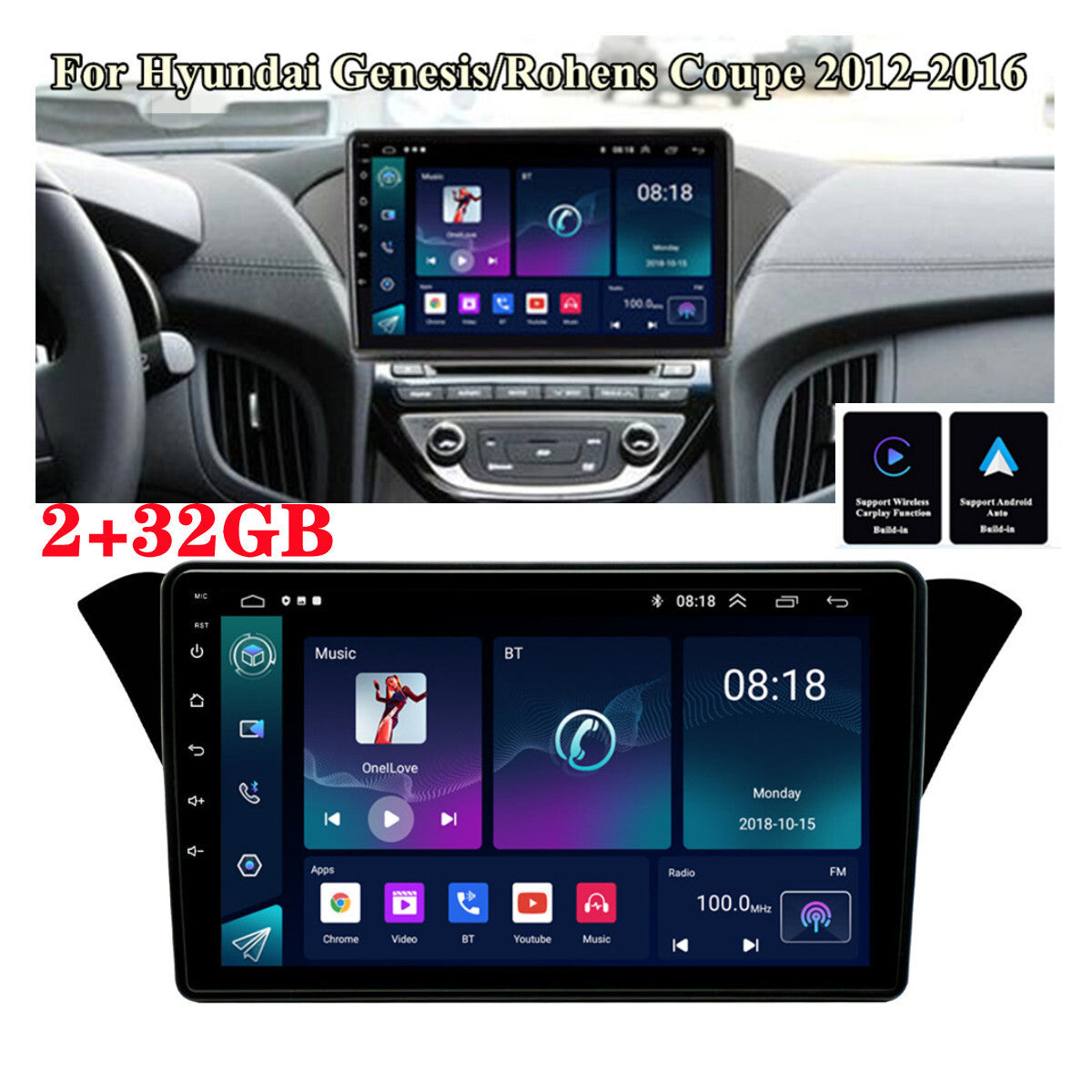 9 For 12-16 for Hyundai for Genesis Coupe Carplay 2+32GB Radio Stereo GPS Nav Head Unit